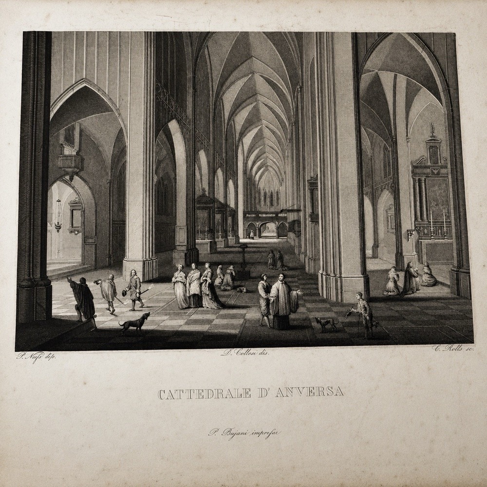 Antique 1840s Steel Engraving Antwerp Cathedral Interior After Neefs Rolls Italy